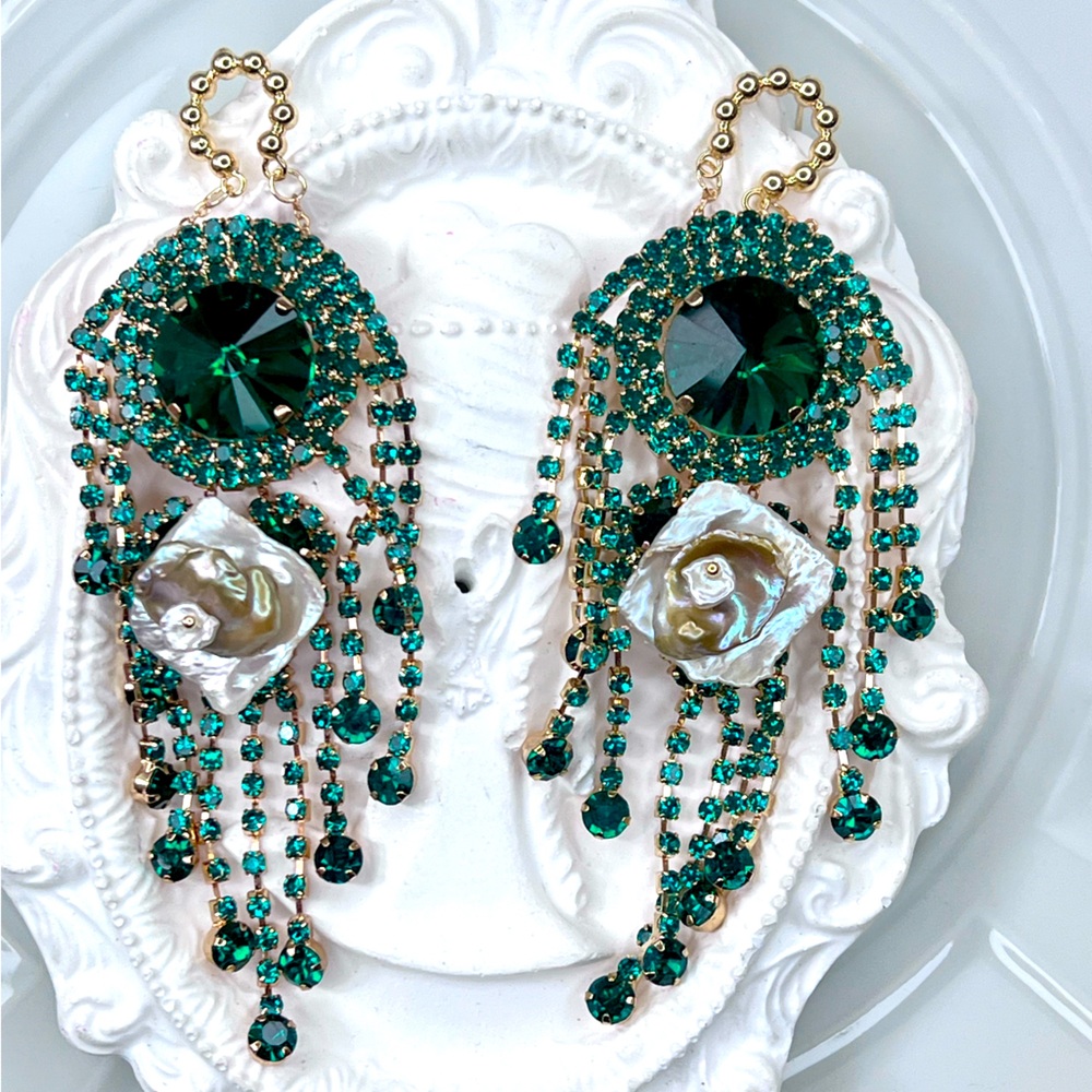 Handmade Premium Custom Freshwater Keshi Pearl Chandelier Crystal Earrings